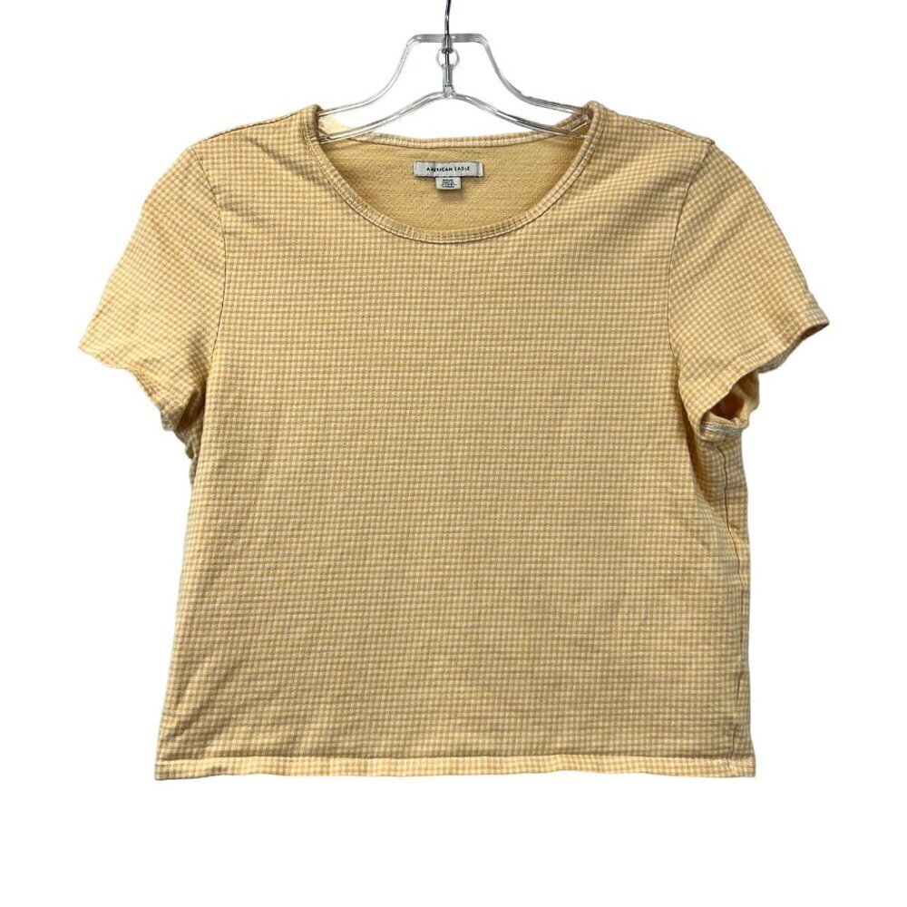 American Eagle Womens Short Sleeve Cropped Tee Yellow/White Gingham Print M